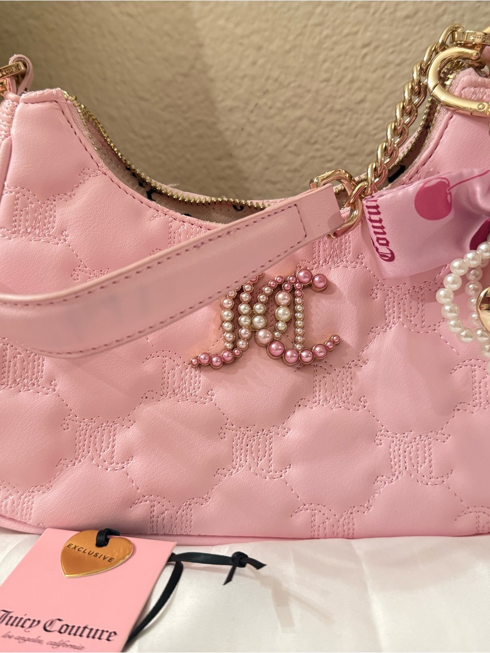 Juicy Couture Pink Quilted Pearl-Logo Shoulder Bag